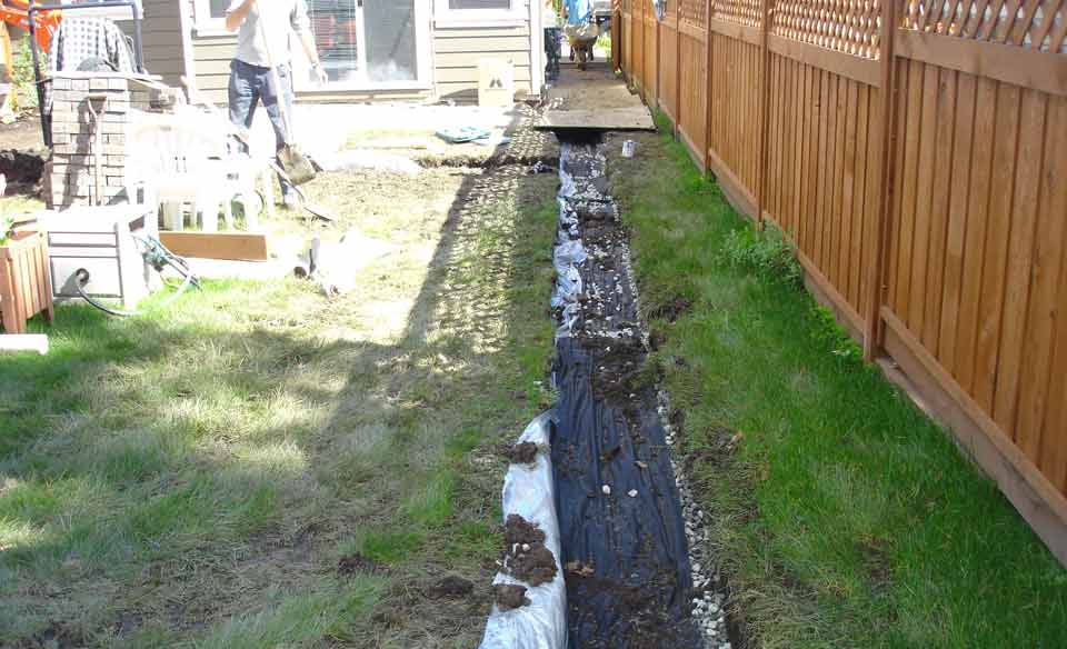 Side yard curtain drain protecting from subsurface water from above grade
